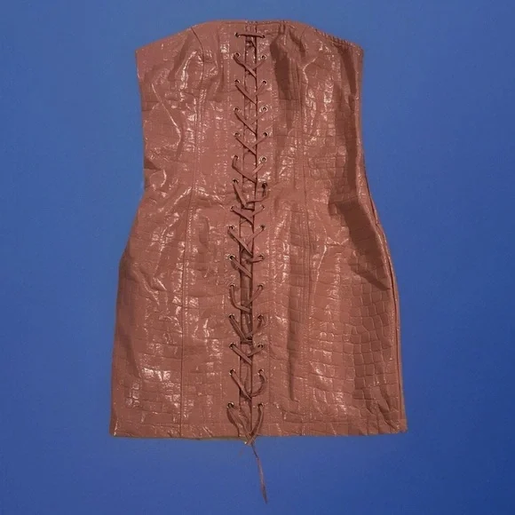 Shein VEGAN LEATHER Lined Strapless Short Mini Bodycon Tube Top Pink Dress S - Picture 2 of 4